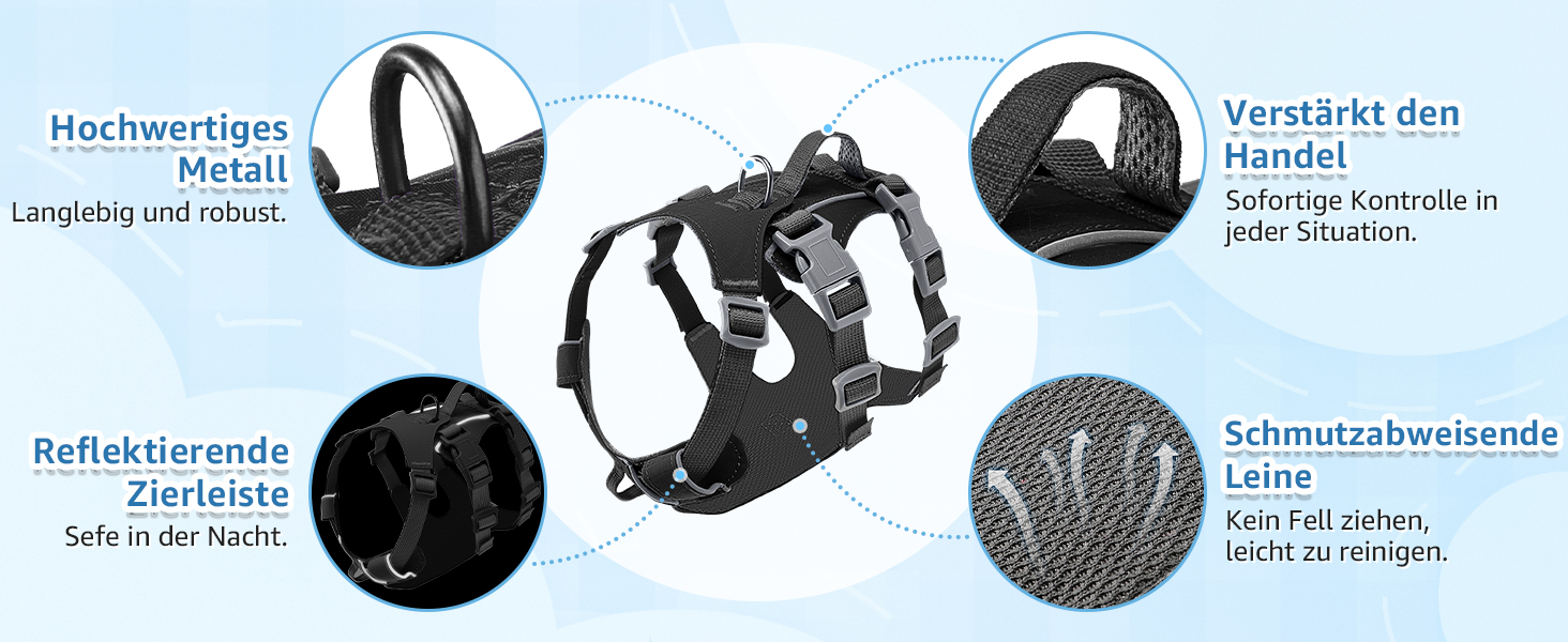 Шлейка для собак маленьких та середніх порід, легка та дихаюча, не тягне, з ручкою, світловідбиваюча, нейлон, з переднім кріпленням, для прогулянок та повсякденного використання, чорна, розмір S
