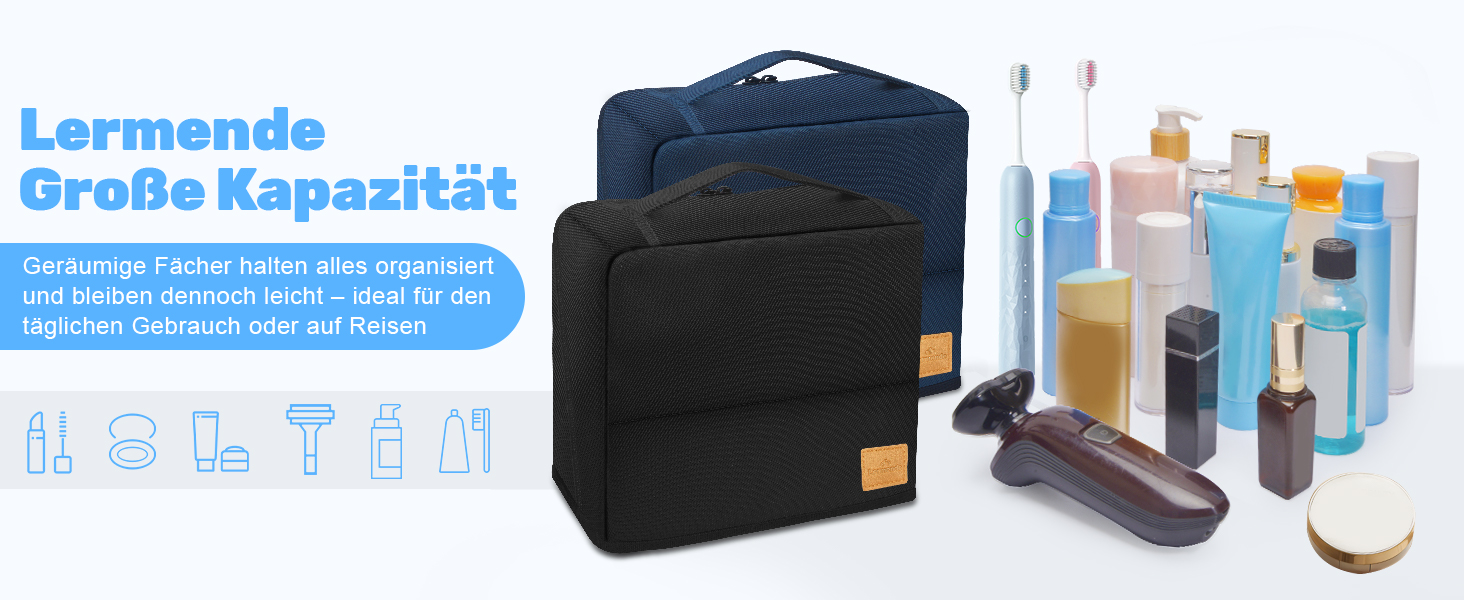 Чоловіча та жіноча дорожня косметичка Lermende з подвійною блискавкою, великий об'єм, зручна ручка для подорожей. (Чорний)