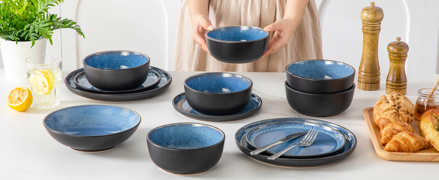 Набір тарілок/мисок Vancasso PLAYA, 6 шт., блакитні, з кераміки (6 мисок, супові тарілки, салатники, паста)