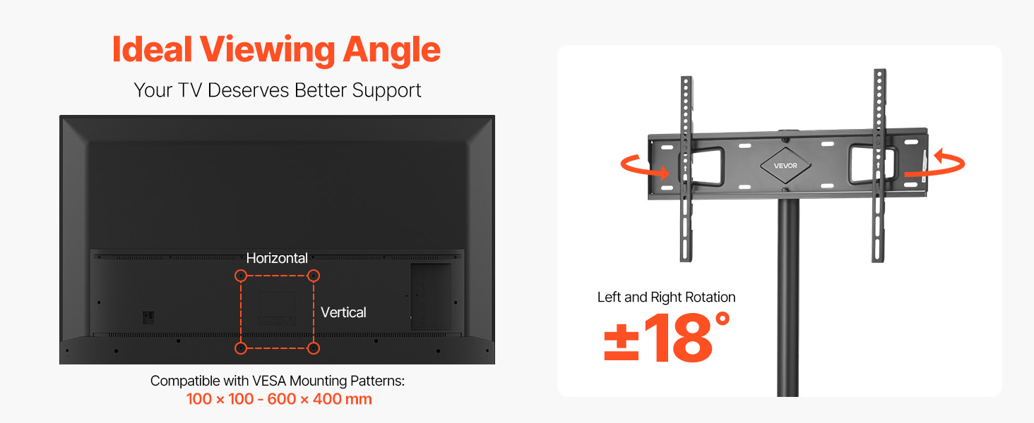 Підставка для телевізора VEVOR з регулюванням на 18° для плоских та вигнутих телевізорів (1016-1651 мм), до 45 кг, з дерев'яними ніжками