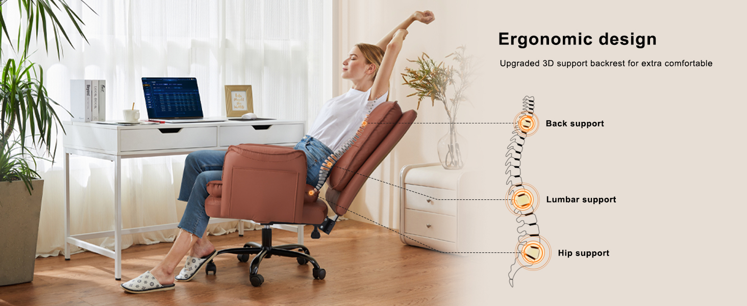 Офісний крісло IWMH з PU шкіри, ергономічний, регульований, з підлокітниками та реклінером 90-135° (колір: коричневий)