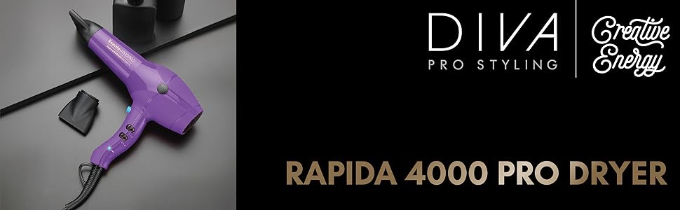 Фен для волосся Diva Pro Styling Rapida 4000 Pro, 2200 Вт, 4 температурні та 2 швидкості, True Cold Shot, фіолетовий
