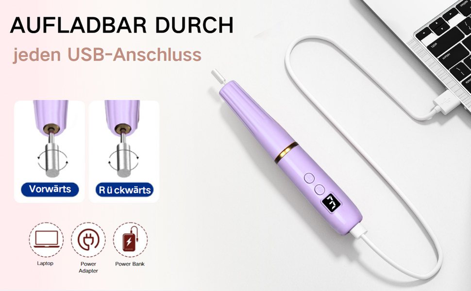 Професійний електричний фрезер для нігтів 12 в 1 з USB-зарядкою, 20000 RPM, для манікюру та педикюру, фіолетовий