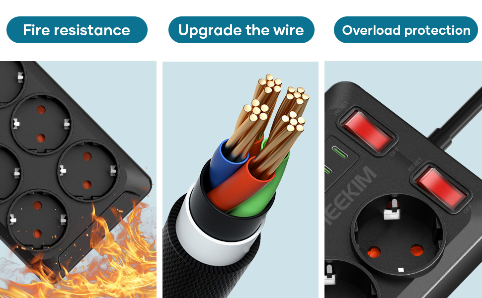 Многорозетка з USB, 11 розеток, з вимикачем, 2 USB-A та 2 USB-C порти, 4000W, 16A, 2M кабель, для дому, школи, офісу - Чорний