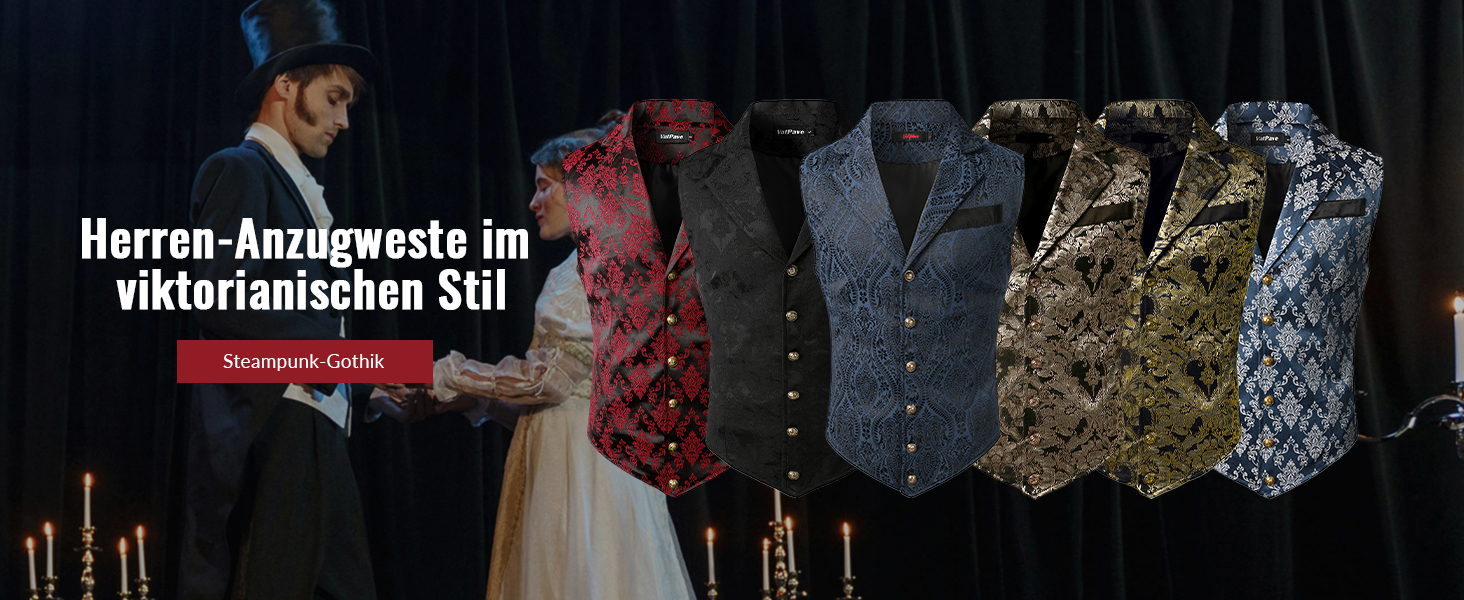 Чоловічий вікторіанський костюмний жилет VATPAVE у стилі стимпанк, готика, чорний