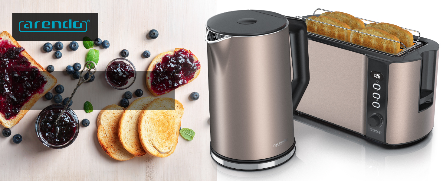 Набір Arendo: чайник та тостер, нержавіюча сталь, бежевий. Чайник 1,5л з підігрівом, тостер на 4 тости з LED-дисплеєм та 6 рівнями підсмажування