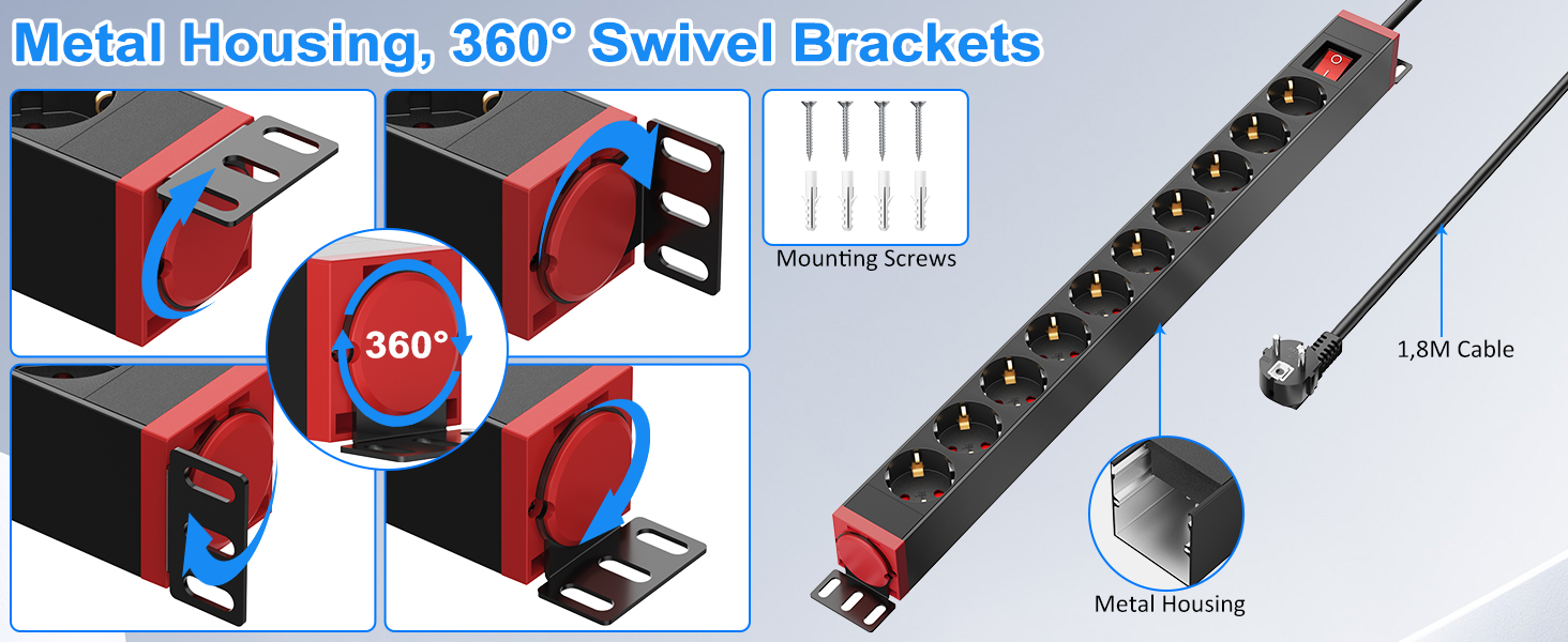 Мережевий фільтр 10 розеток з захистом від перенапруги, з вимикачем та поворотними кріпленнями, чорний, металевий корпус