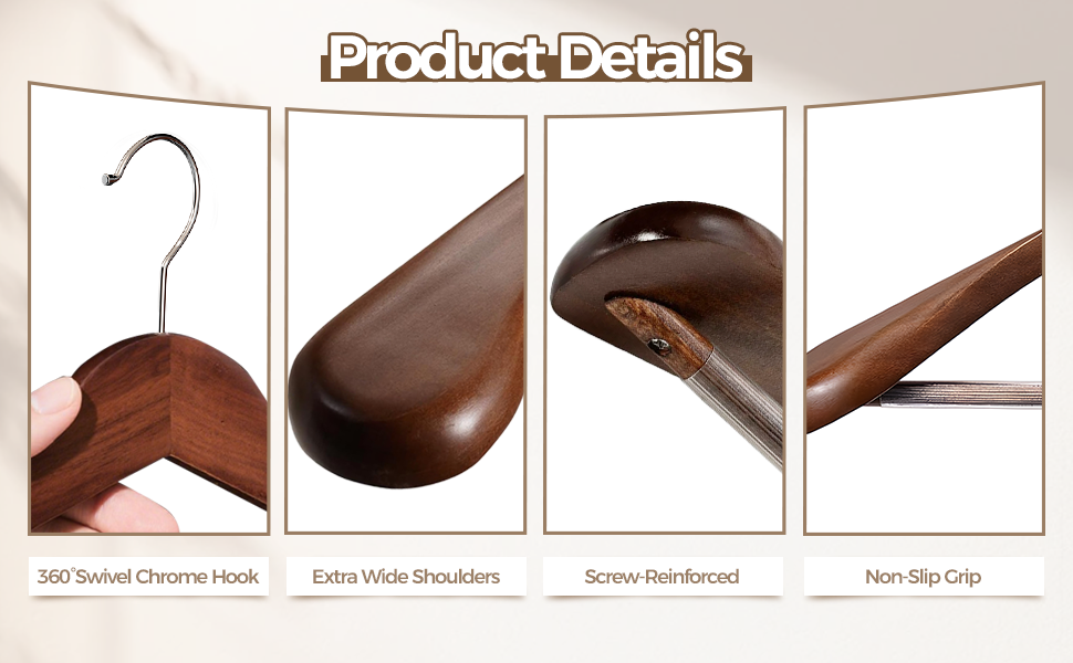 Набір дерев'яних вішалок Premium з широкими плечима (6 шт.) з обертовими гачками | Для пальто, курток, суконь | Натуральне дерево, вінтажний стиль