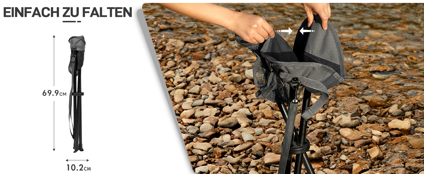 Складаний табурет EVER ADVANCED для кемпінгу, риболовлі та походів. Легкий, міцний (102 кг), з кишенею, чорно-сірий