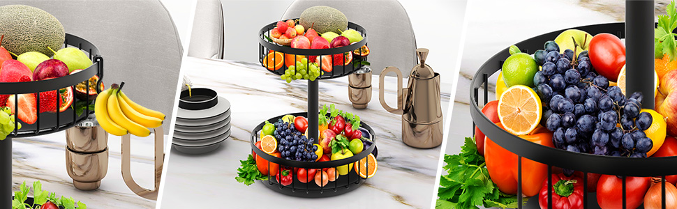 ZDDLOINP Обмежувач для фруктів та овочів, чорний, 2 яруси - органайзер для зберігання, велика фруктова корзина, етажерка для кухні, зберігає фрукти та овочі свіжими