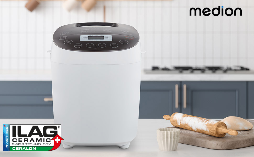 Хлібопекарня MEDION MD 12040: 20 програм, 1600г, 3 ступені підсмажування, таймер
