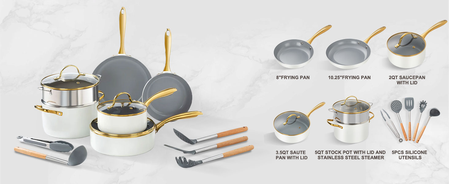 Набір посуду Keramik KochSet керамічний антипригарний (індукція, духовка, посудомийка) бежево-білий з золотом