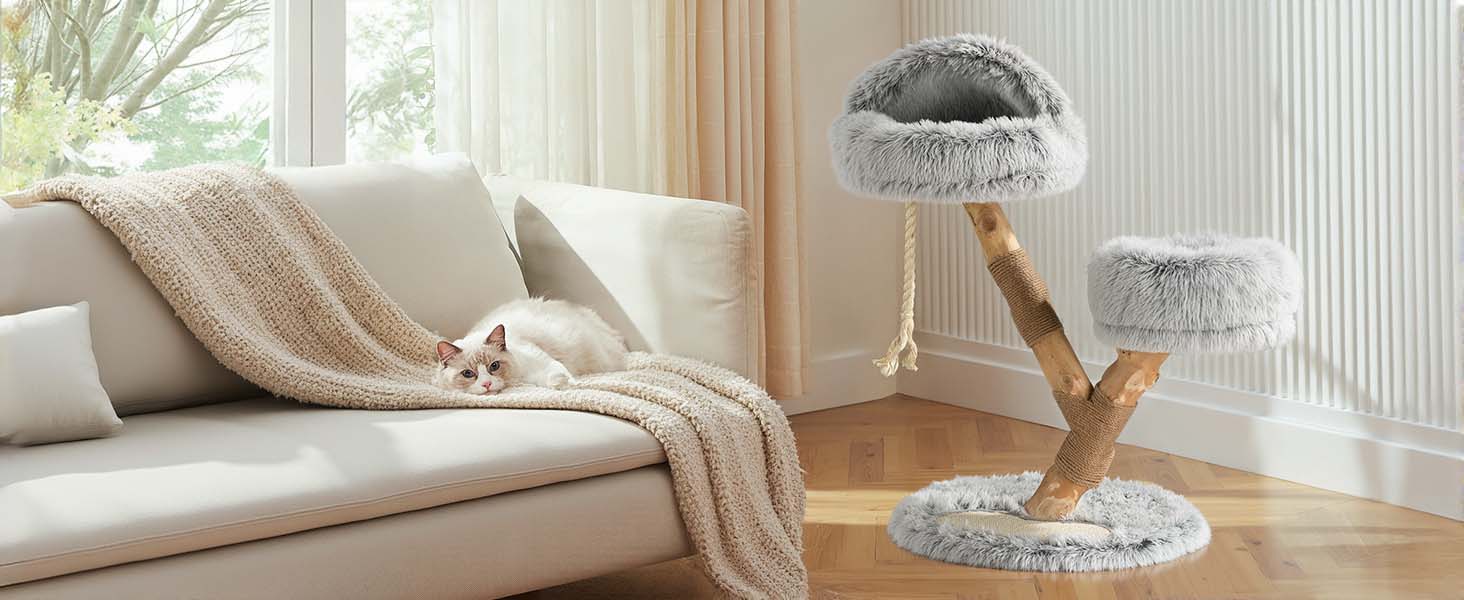 Кігтеточка Fudajo Designer у вигляді дерева, висока, з плюшем та сизалем, для котів, з гамаком (80 см)