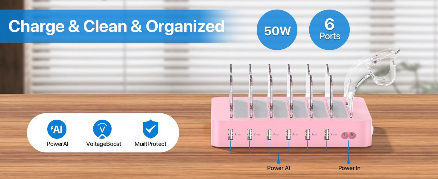 Зарядна станція SooPii USB з органайзером на 6 портів 50W + 6 кабелів + тримач для iWatch, біла (Рожева)