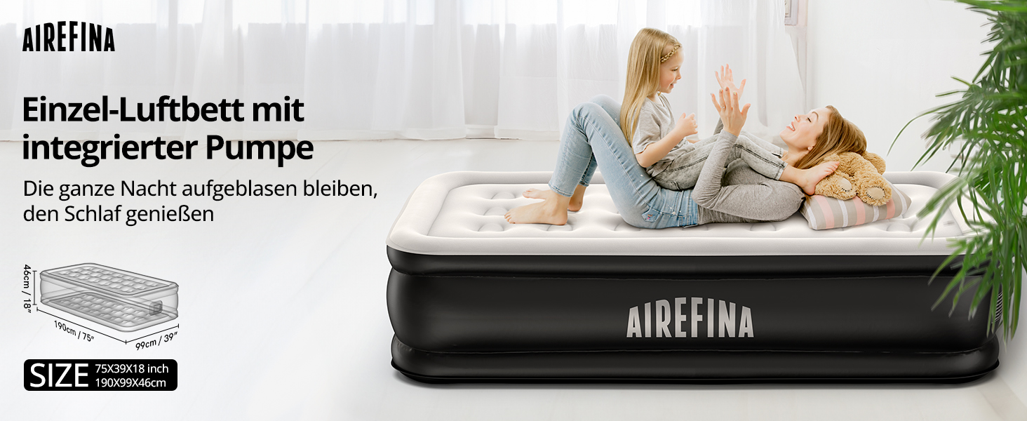 Надувне ліжко Airefina для 1 особи з вбудованим насосом, 99x190x46 см, до 295 кг, з сумкою для перенесення