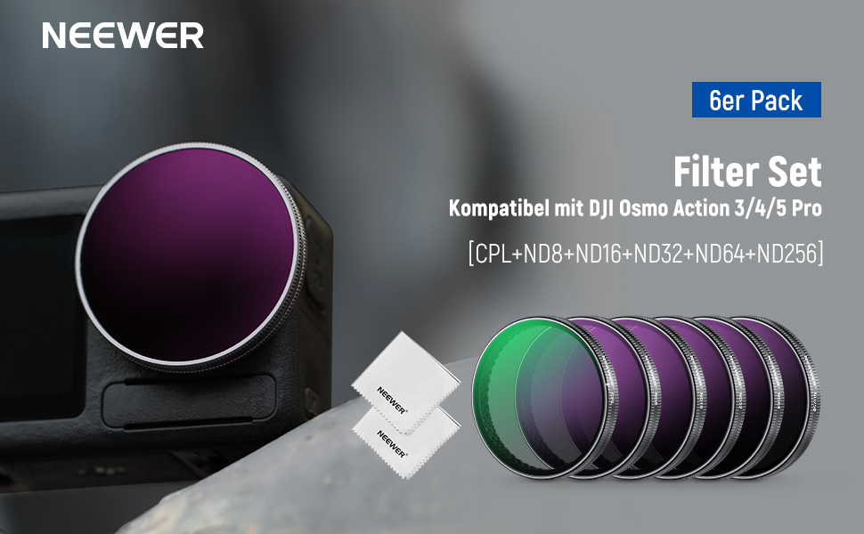 Набір фільтрів ND NEEWER для DJI Osmo Action 5 Pro/4/3 (6 шт.): ND8, ND16, ND32, ND64, ND256, CPL. Фільтри з HD оптичного скла, з мікрофіброю. Аксесуари для екшн-камери