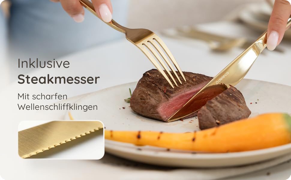 Набір столових приборів на 6 осіб, 36 предметів, нержавіюча сталь 18/0, золотистий, для ресторану та дому