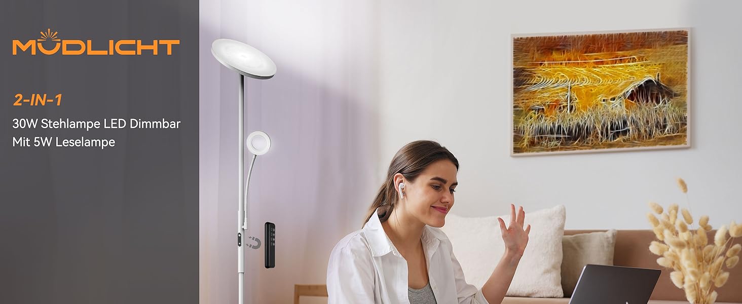 LED-підлогова лампа Modlicht 35W з регулюванням яскравості, чорна, 4200LM, з пультом та сенсорним керуванням, 3000-6000K, для вітальні, спальні, офісу