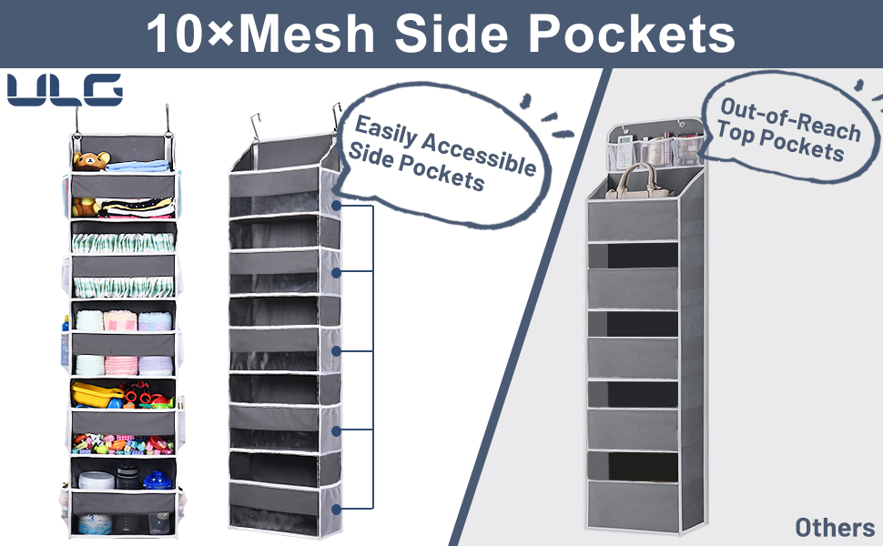 Органайзер для дверей ULG з 5 великими кишенями та 10 сітчастими кишенями, 20 кг, для спальні, ванної, кухні (темно-сірий)