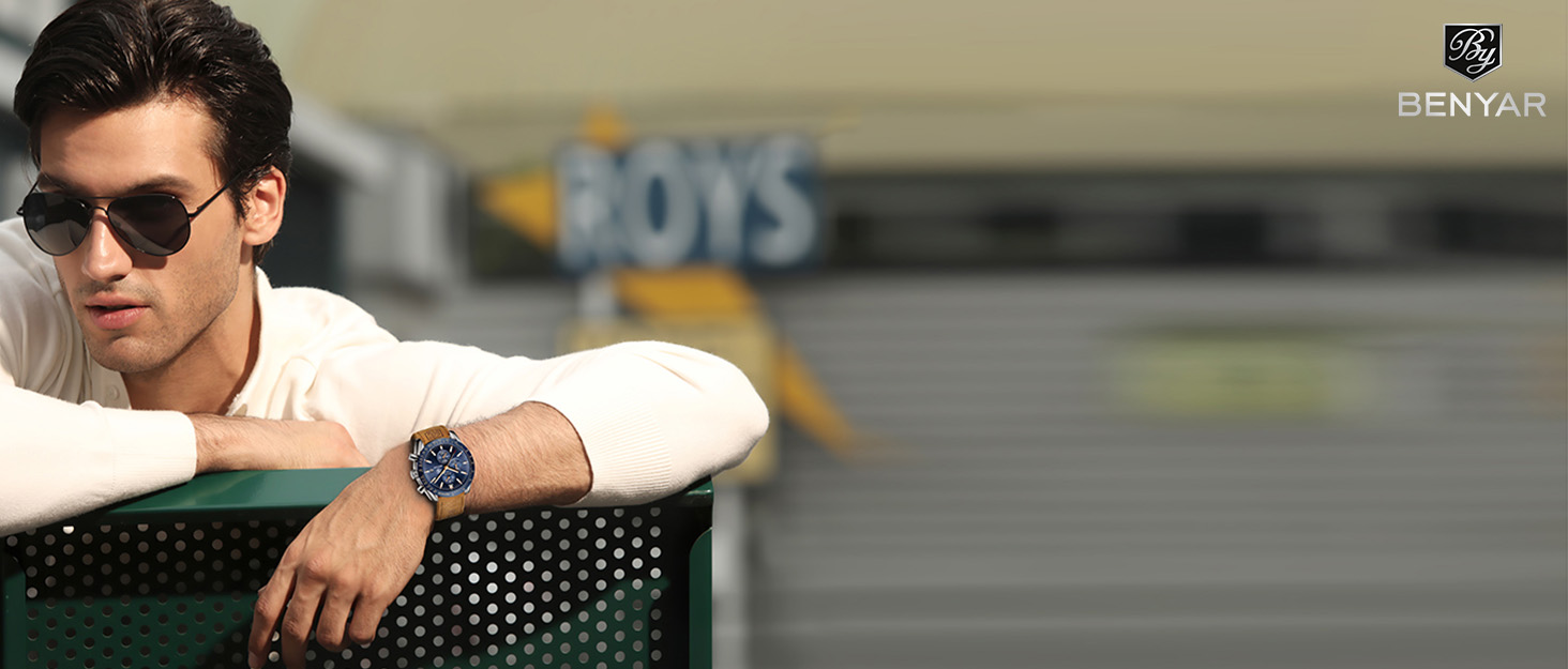 Годинник чоловічий BENYAR з коричневим шкіряним ремінцем, кварцовий хронограф, чоловічий годинник з датою, водонепроникний, спортивний годинник з блакитно-чорним циферблатом