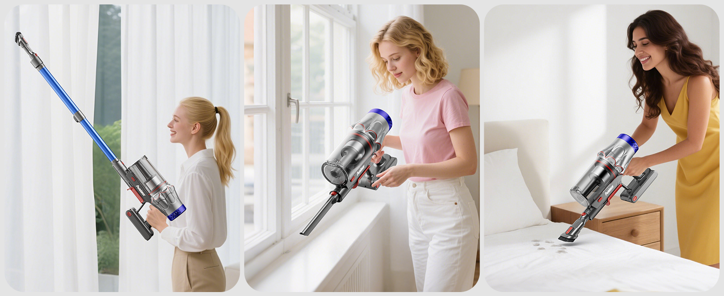 Бездротовий акумуляторний пилосос 48000Pa/580W/65Min, об'єм 1,8L з функцією від'єднання пилу, антизаплутана щітка, 8-ступенева фільтрація. Підходить для килимів, шерсті тварин та твердих поверхонь. Колір: блакитний