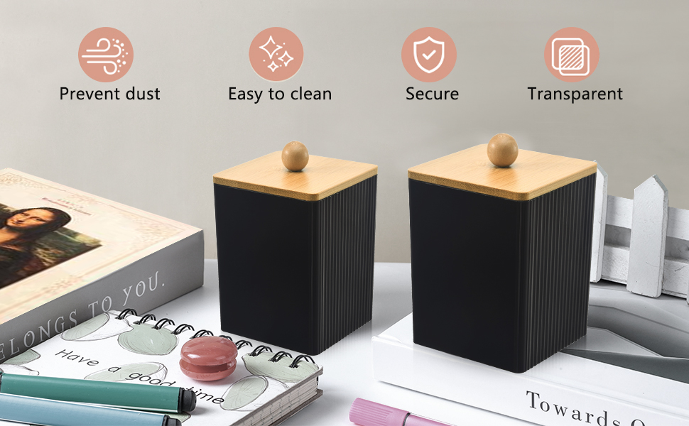 Диспенсер для ватних дисків та паличок з бамбуковим кришкою, акриловий органайзер для вати, чорний, для ванної кімнати