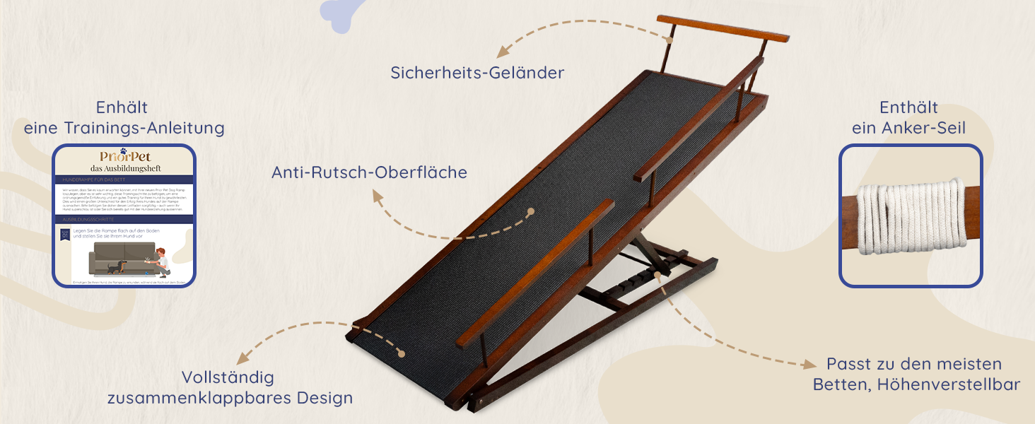 Сходинки для собак PRIORPET з натурального березового дерева з поручнями - регульована висота до 94.5 см - складаються - антиковзні ручки - для собак до 23 кг - колір Walnut