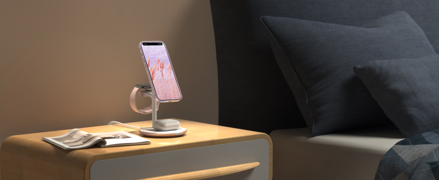 База для бездротової зарядки 3-в-1: iPhone, iWatch, AirPods. 15W, MagSafe, рожеве золото