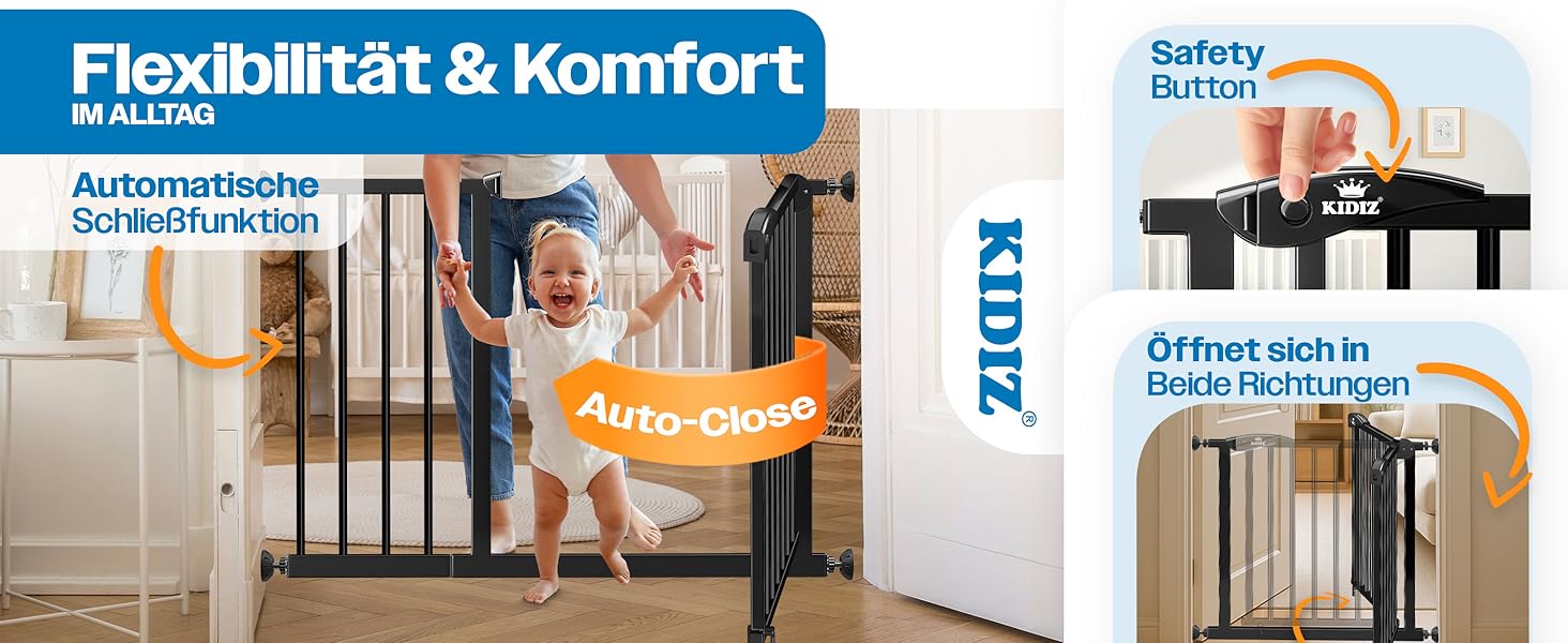 Захист для сходів KIDIZ без свердління | Ширина: 74-80 см, висота 75 см | Захист від падіння для дітей та собак | Одноручний відкривання, система Open-Stop 90°, сірий