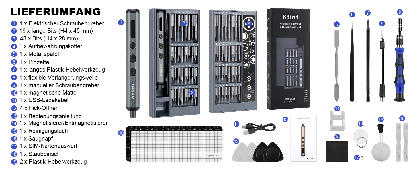 WADEO Міні набір викруток, 82 в 1, прецизійний, магнітний, з регулюванням крутного моменту, LED-підсвічування, для ремонту iPhone, телефонів, ноутбуків, окулярів, годинників