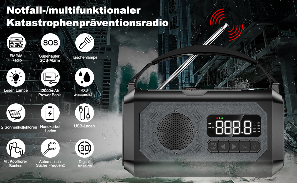 Радіоприймач Kurbelradio на 12000mAh з ручним зарядом, сонячною панеллю, AM/FM, зарядкою для телефону, SOS, ліхтарик, компас, LED-лампа (сірий)