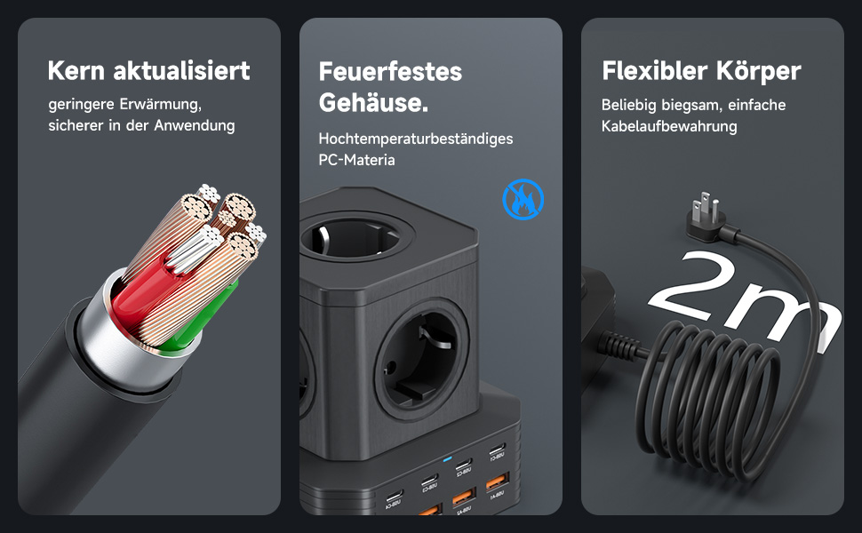 Мережевий фільтр з USB-портами Power Tower - зарядний станція для дому, офісу та студентів. 5 розеток AC, 8 USB (4 USB-C), 2м кабелю, захист від перевантаження