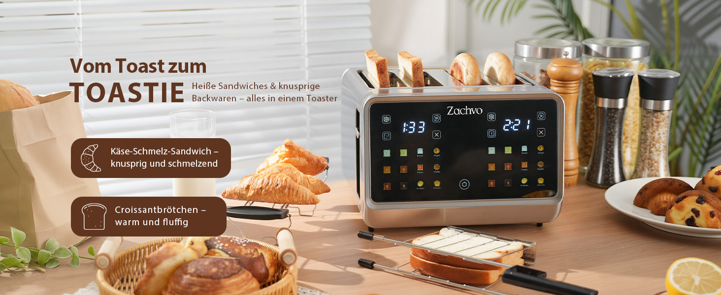 Тостер на 4 шматочки з сенсорним екраном та таймером – нержавіюча сталь, довгі слоти, 2 незалежні зони температури, підставка для бургерів та сендвічів, 6 програм, срібний колір