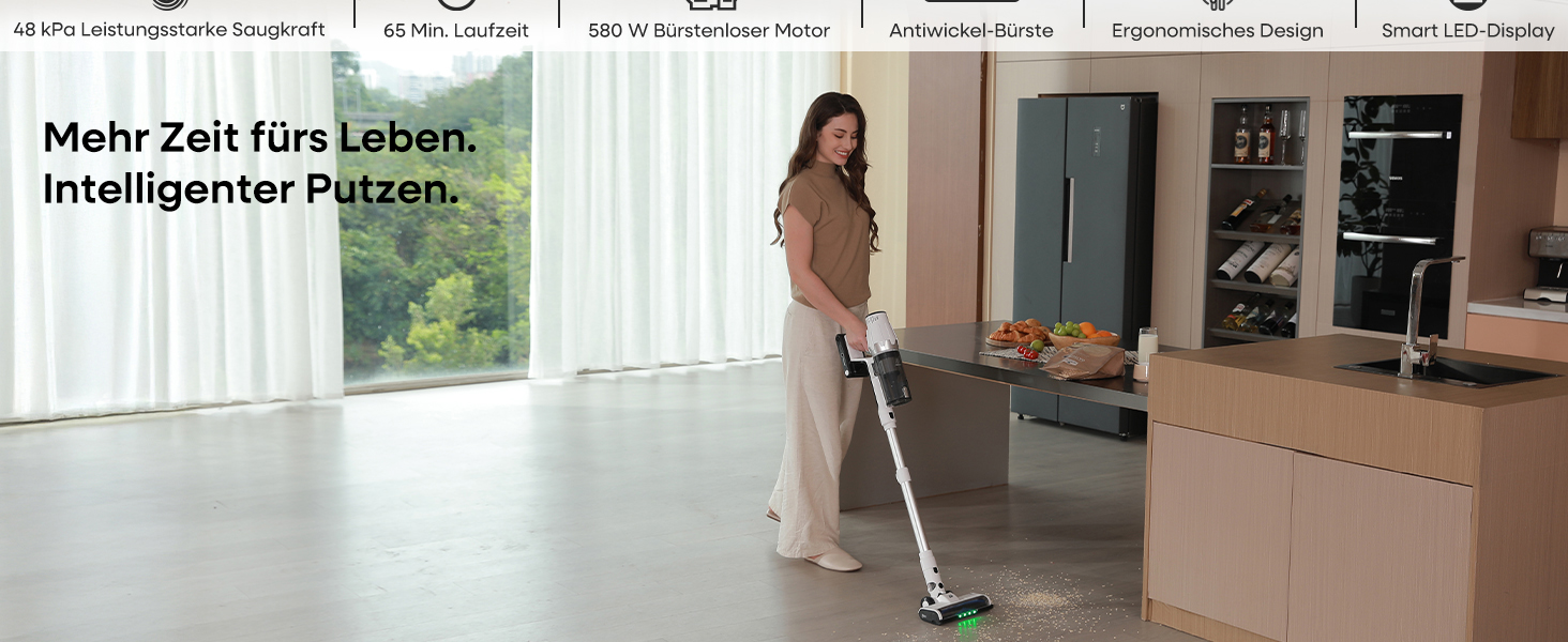 Акумуляторний пилосос ElecKeys 48000Pa/580W з LED дисплеєм, білий. Підходить для твердих поверхонь, килимів та видалення шерсті тварин. 7-шарова фільтрація, антизаплутана щітка, 65 хвилин роботи.