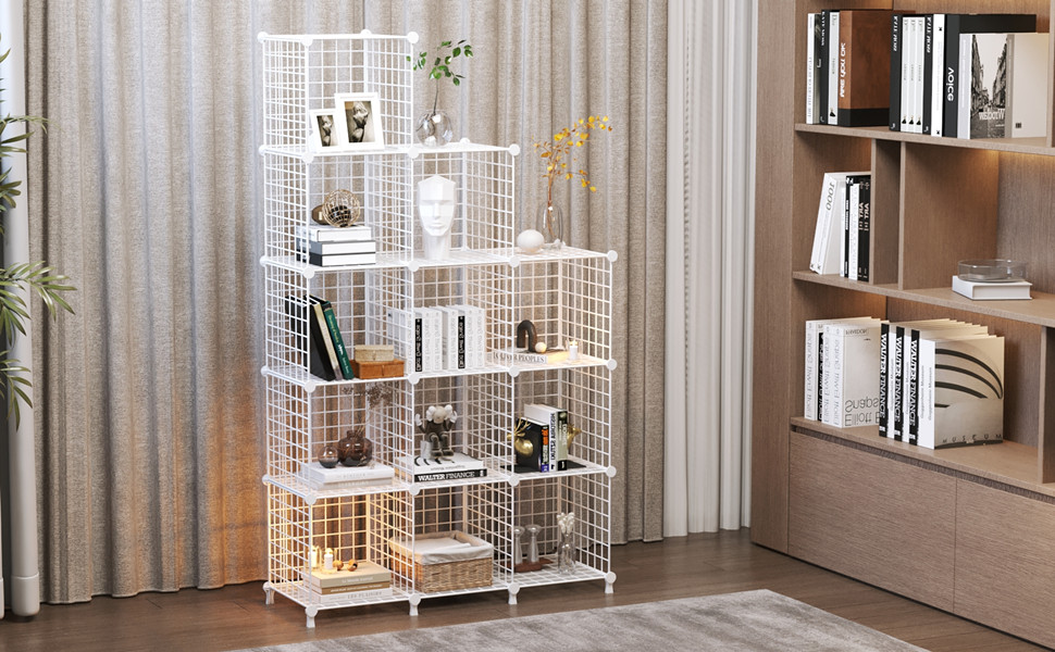 AWTATOS Regal 12 Regal Wire Cube Stackable Shelf Cube DIY Metal Grid Shelf Cube Bookshelf Cube Shelf With Doors For Living Room, Bedroom, Bathroom USCIH12BE (Large, White)