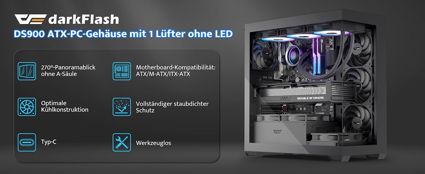 darkFlash DS900: Корпус для ПК ATX Mid-Tower з 4 PWM ARGB вентиляторами, подвійна скляна панель, підтримка радіаторів водяного охолодження 360mm, USB Type-C, чорний