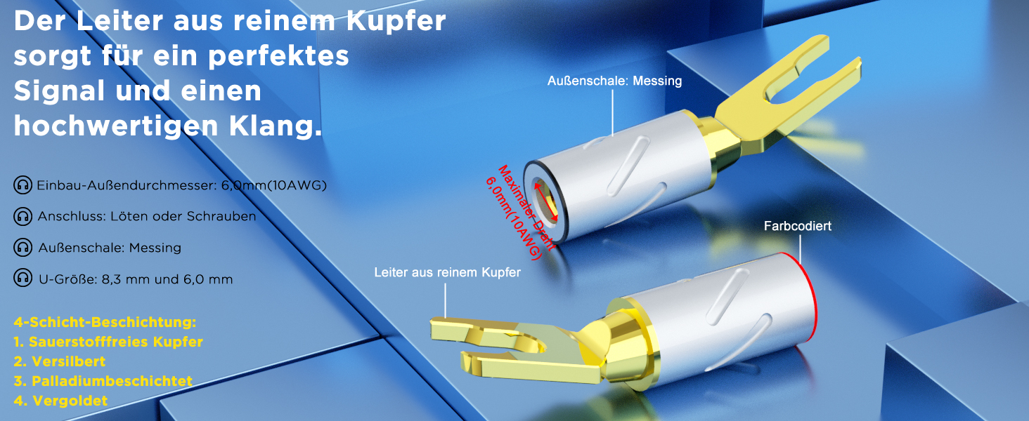 Набір позолочених роз’ємів-шпильок для акустичних кабелів Monosaudio SY1508G, чиста мідь, для кабелів 8-20AWG (до 4мм), 8 шт.