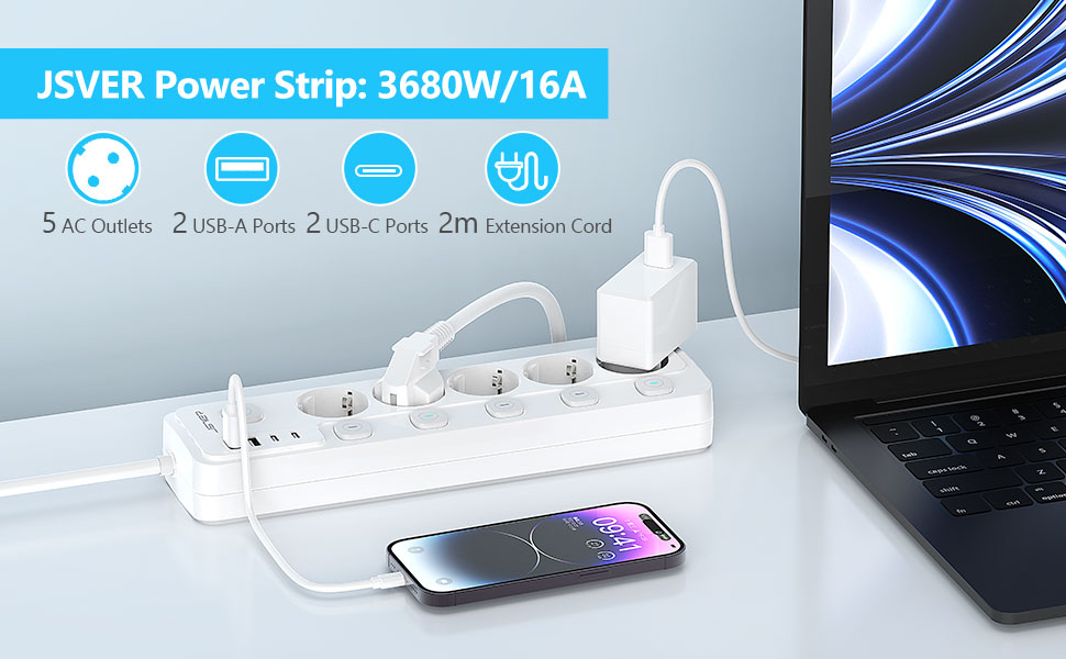 Смуга розеток JSVER на 5 розеток з індивідуальним вимикачем, 2 USB-A та 2 USB-C (17W), 2м кабель живлення для смартфонів та ноутбуків - білий