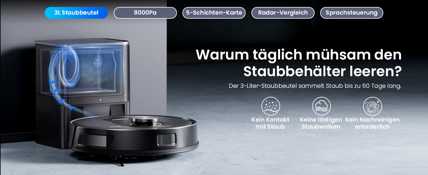 Робот-пилосос Proscenic Q8 Max+ з функцією миття, 8000Pa, 200 хвилин роботи, 3L пилозбірник, Lidar-навігація, уникнення перешкод, керування через додаток та голосове управління, для твердих поверхонь та килимів