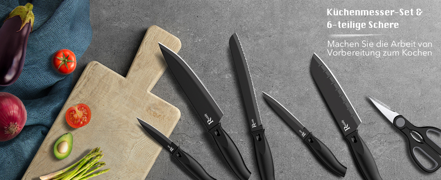 Набір ножів кухарських 7 предметів з бруском, чорний: ніж, ніж кухарський, ніж для овочів, ножиці, підставка для ножів