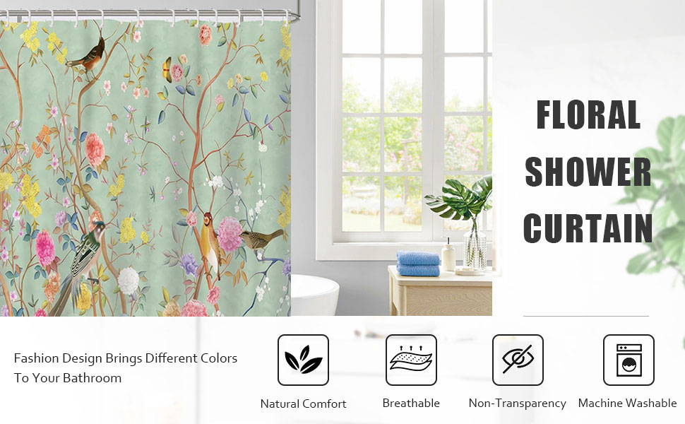 Штора для душу 180x180 см, зелена з квітами та пташками, антигрибкова, водонепроникна, поліестер, з кільцями (12 шт.)