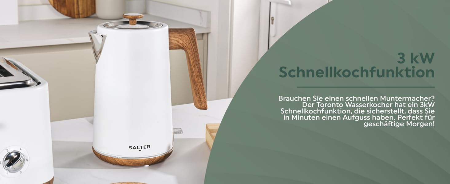 Електричний чайник Salter Toronto 1,7L з функцією швидкого кип'ятіння, 360° обертання, фільтром від накипу, дерев'яним дизайном, бездротовим підключенням, захистом від сухого кип'ятіння та автоматичним вимкненням. Otter-контролер, білий колір.