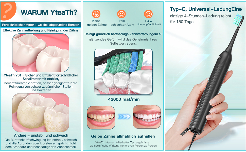 Електрична зубна щітка для дорослих з 6 насадками, перезаряджувана звукова щітка, чорна (1 шт.)