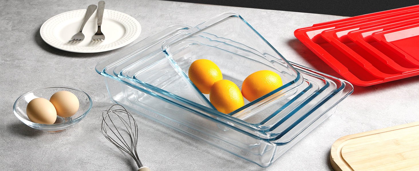 Set of 4 Glass Casserole Dishes with Lids, 1+1.7+2.8+4.2L - Lasagna Dish for Oven (NOT THE LID), Rectangular, Glass Storage Containers with Plastic Lid Rectangular with Lid - 1+1.7+2.8+4.2L