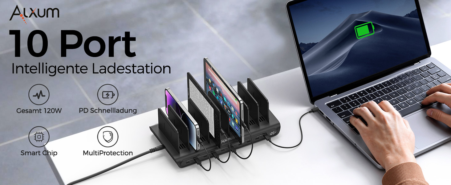 Зарядний пристрій Alxum 60W USB, 10 портів, 5V/2.4A, для телефону, планшета, Kindle - чорний