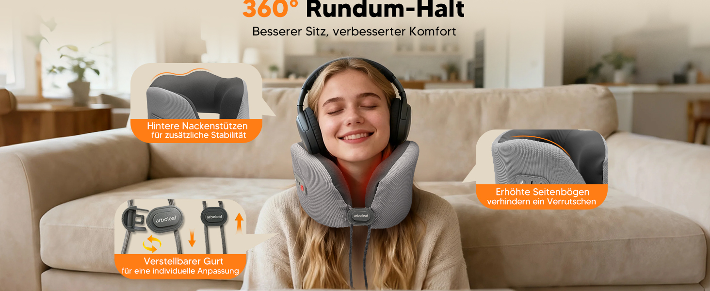 Подушка для шиї Arboleaf з підігрівом для подорожей: Memory Foam, USB-C зарядка, ергономіка 360°, проти болю в шиї, сіра