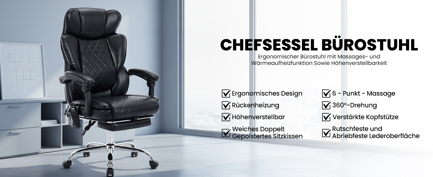 Офісне крісло Colamy з ергономічною підтримкою спини, регульованою підголівником та функцією масажу (чорний)