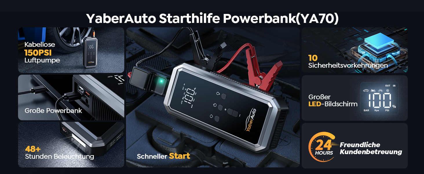 Портативний пусковий пристрій YaberAuto YA70 з компресором 150 PSI, акумулятором 21800 mAh та світлодіодним ліхтарем 300 люменів. 4-в-1: пусковий пристрій, павербанк, компресор та ліхтар з LCD екраном.