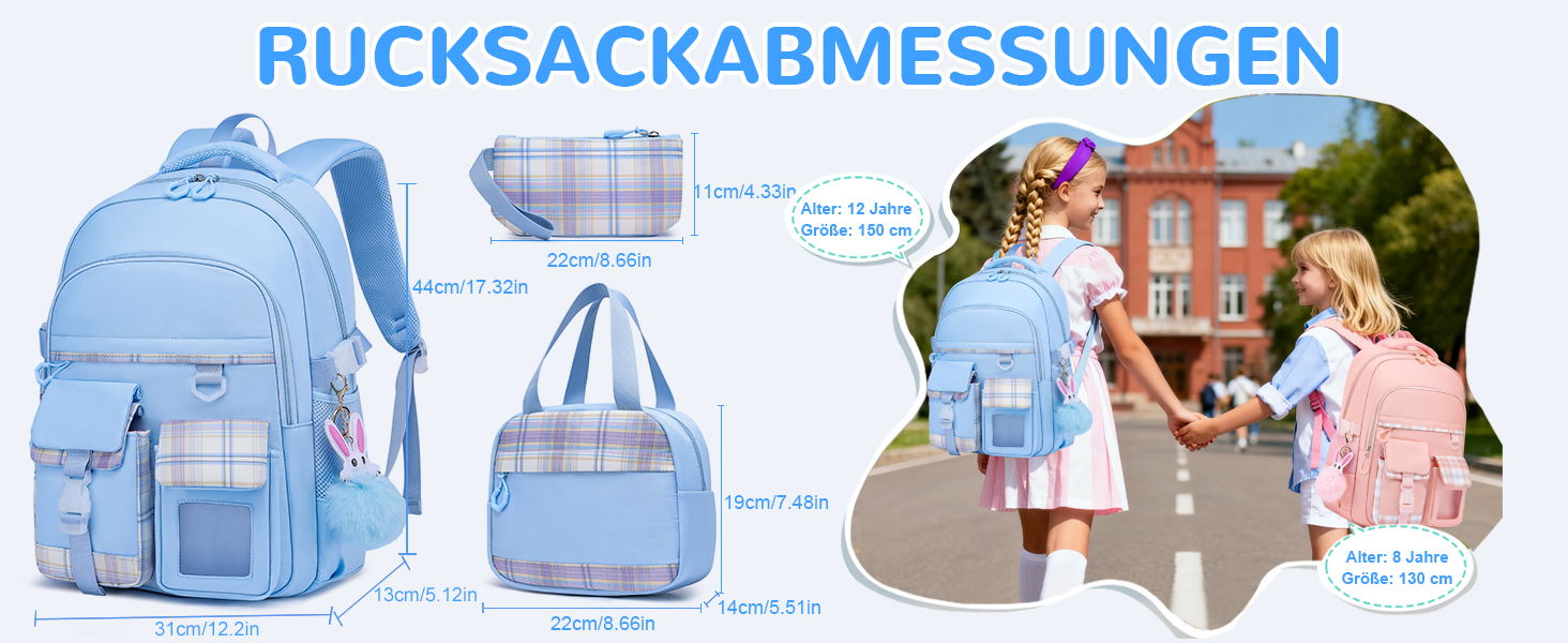 Шкільний рюкзак для дівчаток, водонепроникний та дихаючий, для 1-5 класів з відділенням для ноутбука, блакитний + ізольована ланч-сумка + пенал