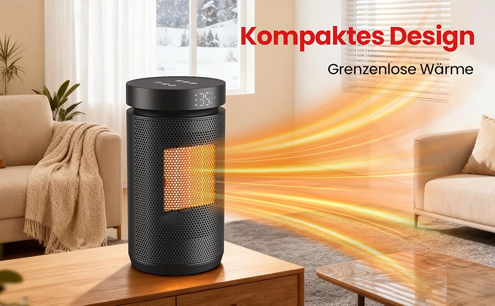 Електричний обігрівач 1500W з термостатом, PTC-кераміка, захист від перегріву та перекидання, 3 режими, таймер 12h, осциляція 70°, для дому, кемпінгу, офісу